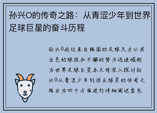 孙兴O的传奇之路：从青涩少年到世界足球巨星的奋斗历程